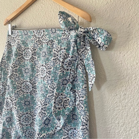 Loft Linen Wrap Mini Skirt Women’s 6 Teal White Paisley Medallion Print Ruffle - Picture 4 of 13